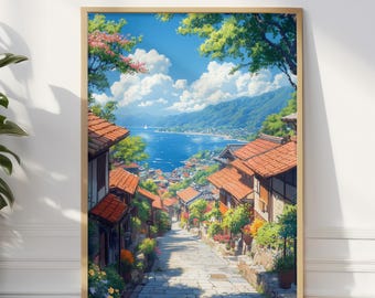 May include: A colorful painting of a hillside village with houses and a winding road leading to a blue bay with a sailboat in the distance.