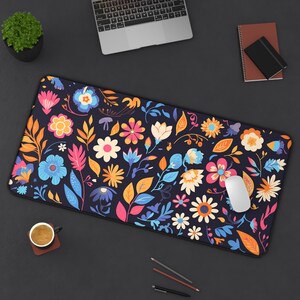Mexican Folk Art Floral Desk Mat | Colorful Gaming Mouse Pad | Boho Office Decor | Extended Mouse Mat | Flower Design XXL