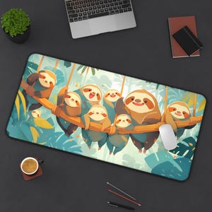 May include: A colorful mousepad featuring a group of cartoon sloths hanging from a branch. The sloths are all different colors and have happy expressions. The background is a green and blue jungle scene.