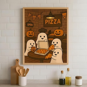 Póster de fiesta de pizza fantasma: regalo para amantes de Halloween. Bonito arte mural de pizza fantasma para decoración de cocina, para amantes de la pizza y para una temporada espeluznante.