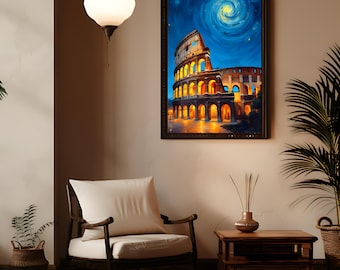 Poster della notte stellata del Colosseo di Roma / Arte murale da viaggio in stile Van Gogh