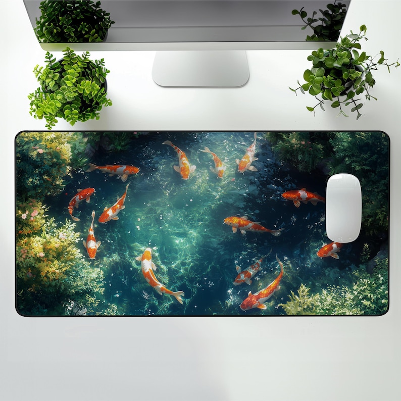 Puede incluir: Una alfombrilla de escritorio colorida con un dise&ntilde;o de peces koi naranja y blanco nadando en un estanque con nen&uacute;fares verdes. El fondo es azul oscuro con un efecto de ondulaci&oacute;n azul claro.