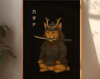 Samurai Cat Art Print: Japanese Warrior Orange Tabby