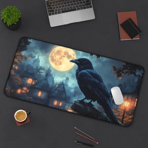 Gothic Raven Desk Mat: Moonlit Village Art - Dark Office Decor