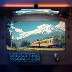 Mount Fuji Train Desk Mat: Japanese Landscape Art Mouse Pad