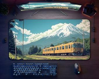 Alfombrilla de ratón con diseño de tren del Monte Fuji: arte paisajístico japonés