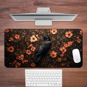 Black Raven Desk Mat: Gothic Floral Mousepad, Dark Cottagecore