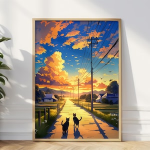 Anime Stil Serene Cat Sonnenuntergang Poster | Matte Vertikale Manga-Stil Wandkunst | Katzenliebhaber Dekor | Gemütliches Wohndekor | Lebendige Farben