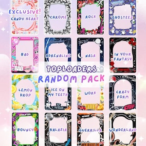 May include: A collection of sixteen rectangular plastic toploaders featuring various decorative borders and themes. Each toploader has a clear center window and printed designs including text like Candy Heart, Chrome, Rock, Ghosteez, Bad, Adrenaline, Nasa, In Your Fantasy, Lemon Drop, Ice On My Teeth, Work, Crazy Form, Bouncy, Halazia, Guerrilla, and Wonderland.