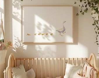 Impression d'art aquarelle Mother Goose : décoration de chambre de bébé fantaisiste (sans cadre)