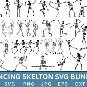 May include: Black and white illustrations of dancing skeletons in various poses. The image includes multiple skeleton figures in different dance moves. Text at the bottom reads "DANCING SKELTON SVG BUNDLE" with file type options.
