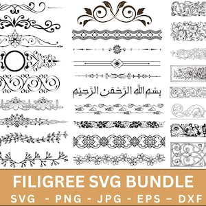 May include: A set of 20 black and white filigree SVG designs. The designs include borders, dividers, and decorative elements. The designs are perfect for adding a touch of elegance to your projects.