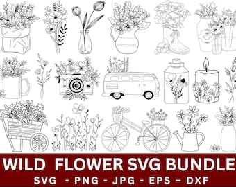 Wildblumenstrauß SVG-Bundle, minimalistische Line Art (digitaler Download)