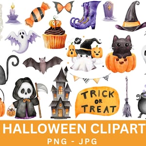 Cute Halloween Clipart, Watercolor, Witch Girls, Ghosts, Haunted House, Pumpkins, Ghost, Spider, Bat, Commercial Use