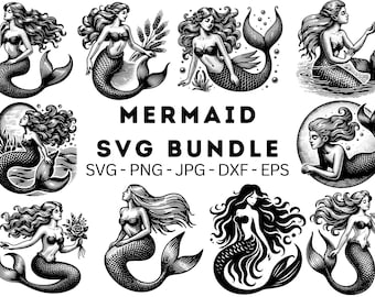 Paquete SVG de sirena, siluetas (archivos digitales)