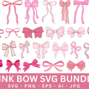 May include: A selection of pink bow illustrations in various styles. The bows range in shades from light to dark pink, with different ribbon designs. The text "PINK BOW SVG BUNDLE" is displayed at the bottom, along with file type indicators.