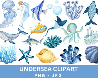 Watercolor Undersea Clipart Bundle, Ocean Animals (PNG, JPG)