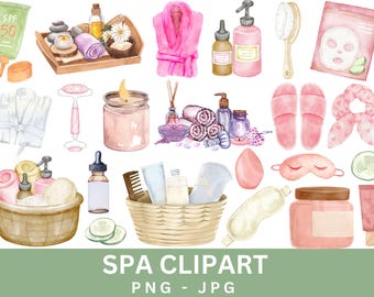 May include: Watercolor illustrations of spa and beauty products, including a pink bathrobe, a candle, a face mask, a bath bomb, a facial roller, a comb, a jar of cream, a bottle of lotion, a pair of slippers, a sleep mask, and cucumber slices.