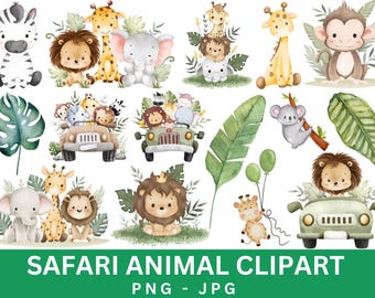 Aquarell Safari Tiere Clipart, Dschungeltiere PNG (digitaler Download)