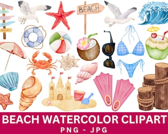 水彩画のビーチクリップアート、夏休みのグラフィック（PNG JPG）