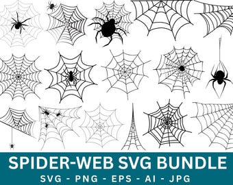 Puede incluir: Una colección de diseños de telarañas negras con arañas, perfecta para Halloween o manualidades espeluznantes. La imagen incluye varias formas y tamaños de telarañas, con el texto "SPIDER-WEB SVG BUNDLE".