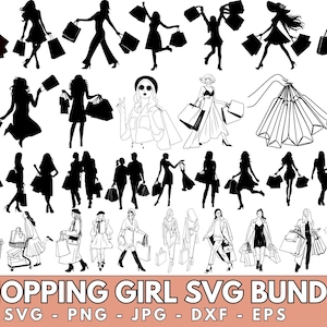 Lady Shop Bundle, Frau Mädchen Umriss Silhouette ClipArt, Menschen einkaufen, Shop Aufkleber, SVG PNG, transparenten Hintergrund, Cutdatei, Cricut