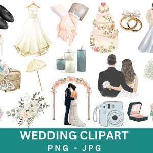 Wedding Clipart Bundle,Watercolor Bride And Groom Wedding Clipart,Watercolor Boho Wedding PNG,Wedding Elements Icons,Digital Download