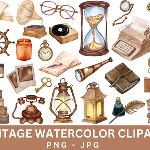 May include: A collection of vintage watercolour illustrations featuring various objects, including a compass, hourglass, lantern, book, typewriter, camera, and a vintage telephone. The illustrations are in shades of brown, beige, and gold, giving them a rustic and antique feel.