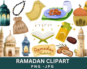 Ramadan Mubarak Clipart Bundle, Islamic Art, Mosque, Lantern (Digital Download)