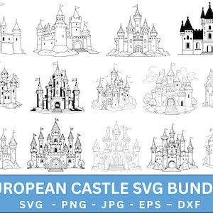 May include: A set of ten black and white line drawings of European castles. The castles are drawn in a simple, cartoon style. They are all different shapes and sizes, and some have towers, while others have walls. The castles are all set against a white background.