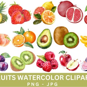 Cute Fruits Clipart,Watercolor Fruits Clipart Bundle,Kawaii Fruit svg,Food Sticker Mug and Shirt Design,Digital Download,Fruits Clipart.