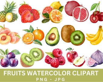 Watercolor Fruits Clipart Bundle, Kawaii Food Design (Digital Download)