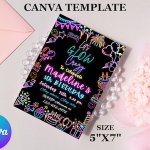 Editable Neon Birthday Party Invitation,Lets Party invitation,Glow in the Dark,Editable Canva Template,Any Age,Custom Text,5x7 Invites