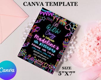 Editable Neon Birthday Party Invitation,Lets Party invitation,Glow in the Dark,Editable Canva Template,Any Age,Custom Text,5x7 Invites