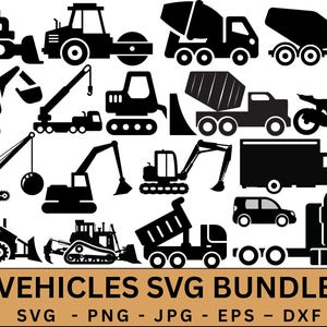 Op de afbeelding: Een set vectorillustraties in zwart-wit van verschillende voertuigen, waaronder een bulldozer, een graafmachine, een vrachtwagen, een motorfiets en een auto. De set is perfect voor gebruik in ontwerp projecten, ambachten en meer.