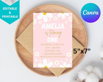 Daisy Birthday Invitation,Printable Party Invitation,Girls 1st Birthday,Daisy Flower Themed Birthday Party,Boho Daisy Invitation,Pink invite