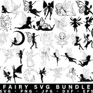 Puede incluir: Una descarga digital de 30 archivos de corte SVG de hadas en blanco y negro. Las hadas están en varias poses, incluyendo volar, sentarse y estar de pie. Todas las hadas llevan vestidos y tienen alas.
