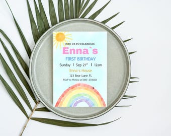 Rainbow Birthday Invitation, Editable Kids Party Invite (Canva Template)