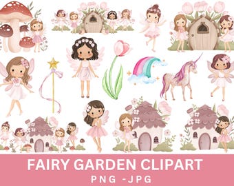 Watercolor Fairy Clipart Bundle, Fairytale Garden (PNG JPG)