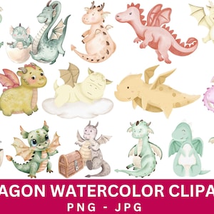 Baby draak clipartbundel, aquarel schattige baby draak png, magische draak png bundel, kinderkamerdecor & feestideeën, babyshower, jongens clipart