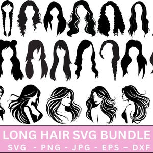 女性のヘアスタイル クリップアート パック SVG、ヘア SVG、ロングヘア スタイル シルエット クリップアート、インスタント デジタル ダウンロード、女性のヘアカット 女の子のヘアスタイル、カット ファイル