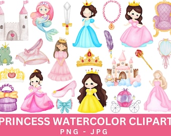 May include: Watercolor clipart set featuring princesses, castles, crowns, carriages, and other fairytale elements. The set includes a variety of colors, including pink, blue, yellow, and green.