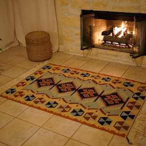 Alfombra Kilim turca tejida a mano: alfombra vintage de lana, decoración bohemia para el hogar