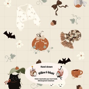 Peut inclure: Une feuille d'illustrations numériques avec des motifs d'automne : un cardigan blanc à nœuds marron, une citrouille avec un ruban, une écharpe à carreaux, des chauves-souris, des glands, des fleurs et un chat noir. Texte : Hand drawn Willow & Moshi.