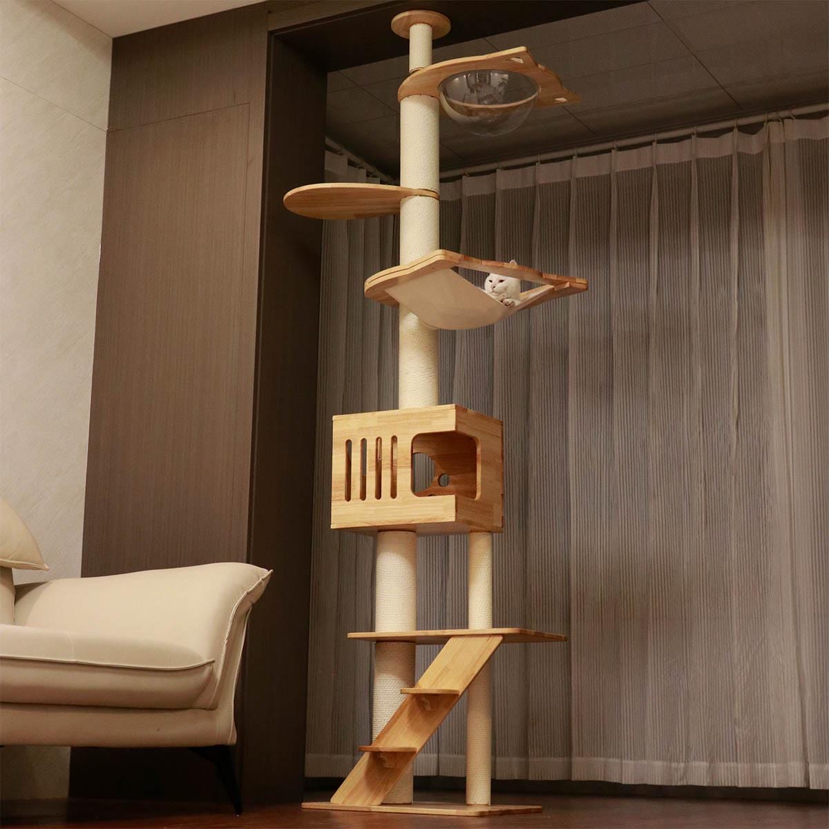 Rubber Wood Cat Tree Floor to Ceiling, No Drilling, Adjustable
