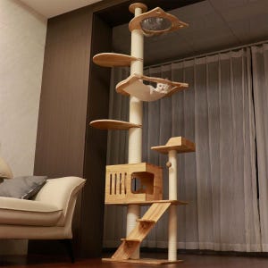 May include: A tall wooden cat tree with multiple platforms, a hammock, a house, and scratching posts. A white cat is resting in the hammock.