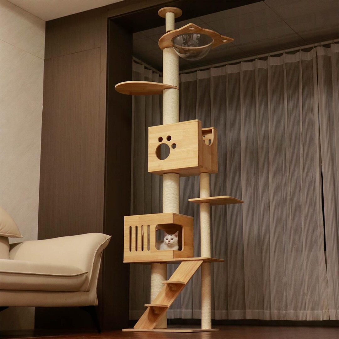 Ceiling to Floor Cat Tree, Rubber Wood, No Drilling, Adjustable Height ...