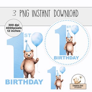 Design de sublimação de urso com balão azul para primeiro aniversário | Download de clipart de urso para festa | Licença comercial | Topo de bolo com placa para festa de um ano