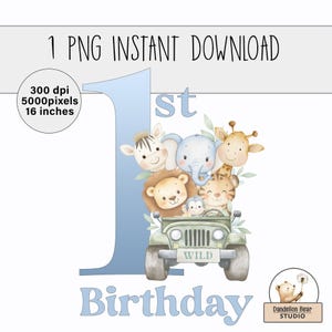 Design per sublimazione di animali da safari in jeep per il 1° compleanno / Clip art per feste a tema giungla da scaricare / Licenza commerciale / Decorazione per torta con cartello One Party