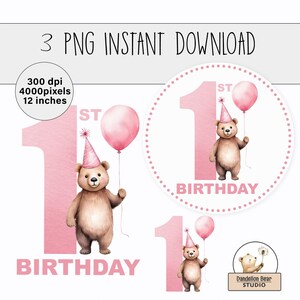 Design de sublimação de urso com balão rosa para primeiro aniversário | Download de clipart de urso para festa | Licença comercial | Topo de bolo com placa para festa de um ano